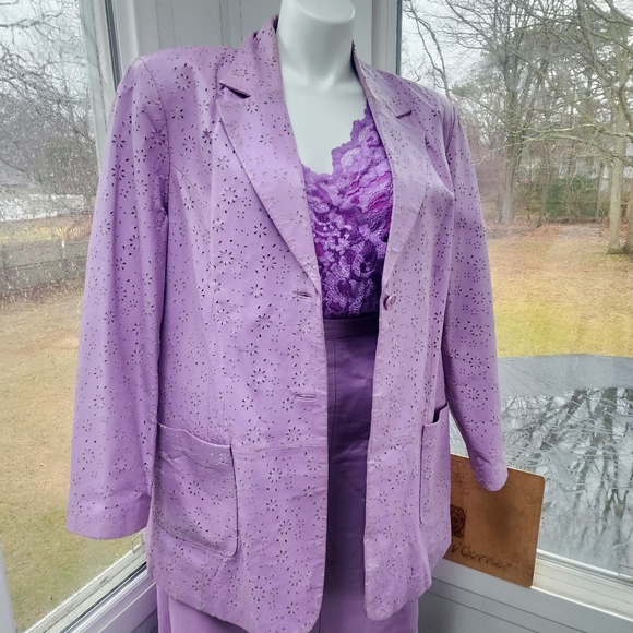 Roaman’s Leather Lilac Eyelet Blazer & Box Pleated Maxi Skirt Suit Suit Size 24W - Picture 5 of 14